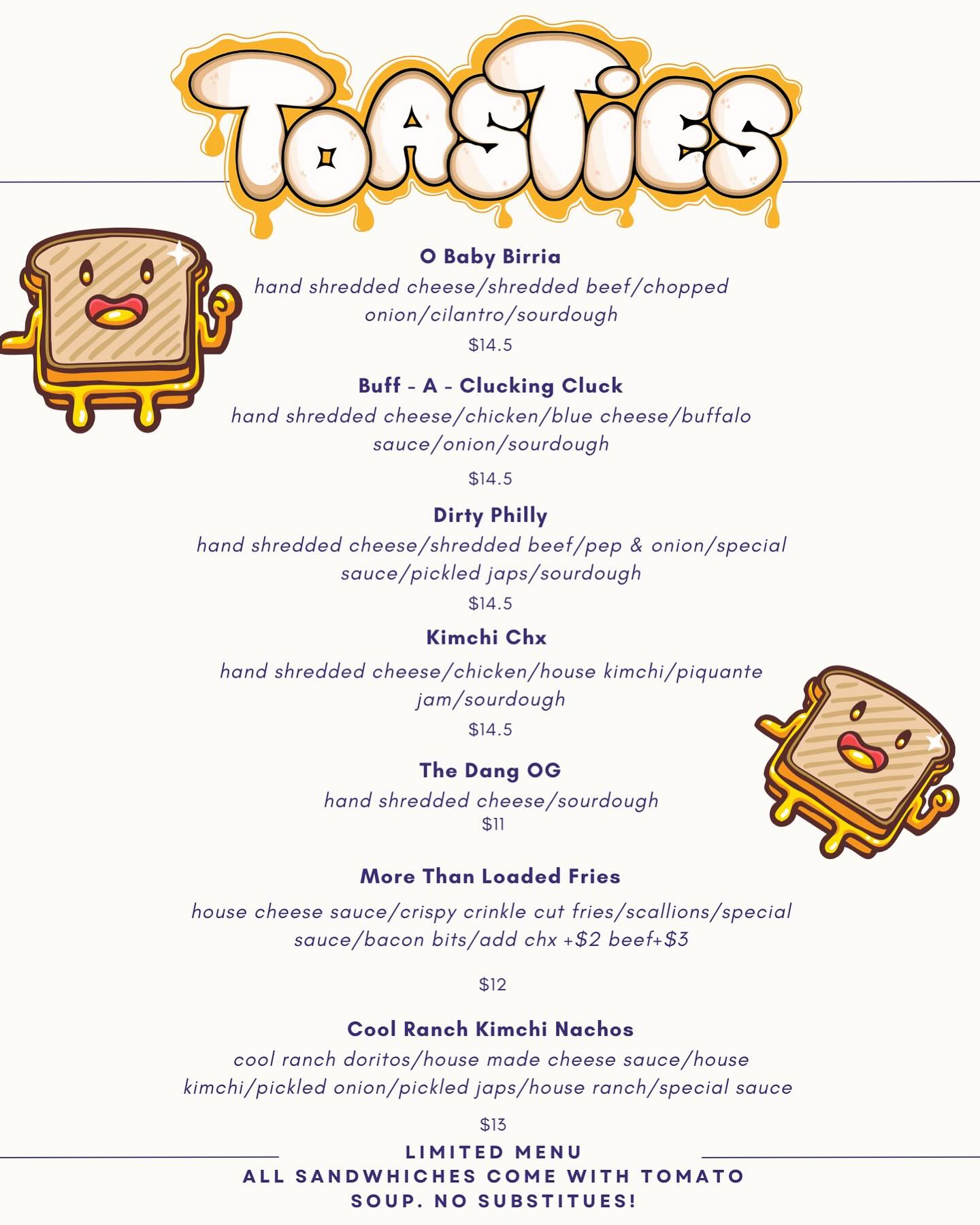 Toasties Redefined Menu